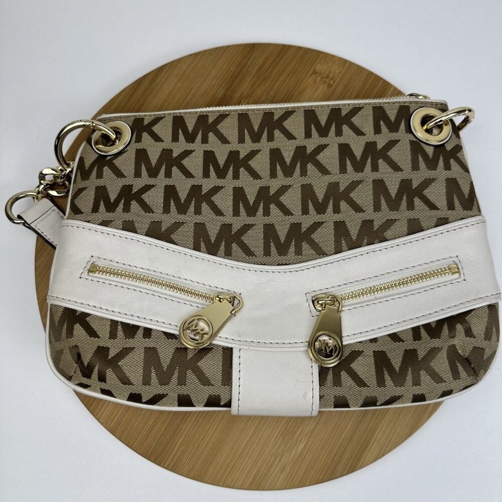Michael Kors signature brown canvas with white‎ leather shoulder bag